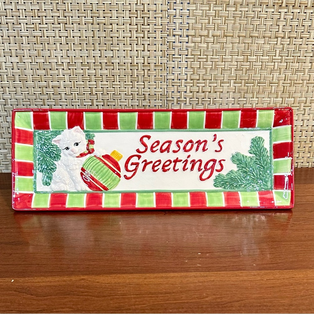 🎄🌟2xHP🌟2008 Fitz & Floyd Christmas Yuletide Kitten Ceramic Tidbit Tray